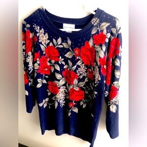 Rebecca Malone 100 % Acrylic Navy Sweater With Bold Rose Floral Pattern Sparkle